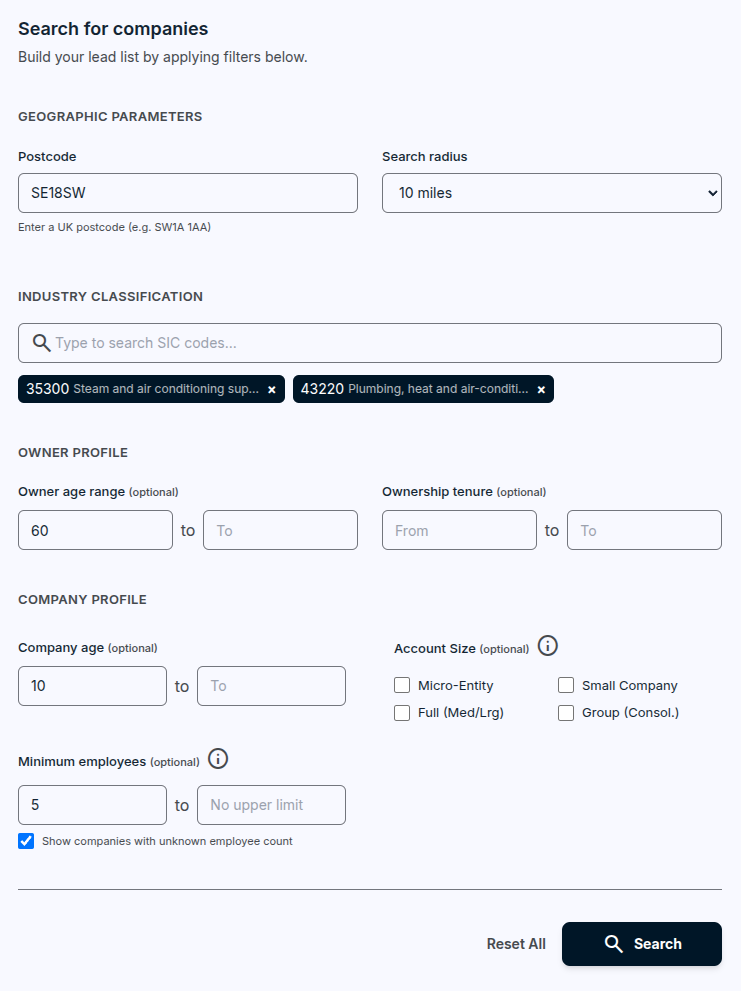 Brokerless search builder interface showing geographic, sector, owner profile, and company filters with a search quota indicator